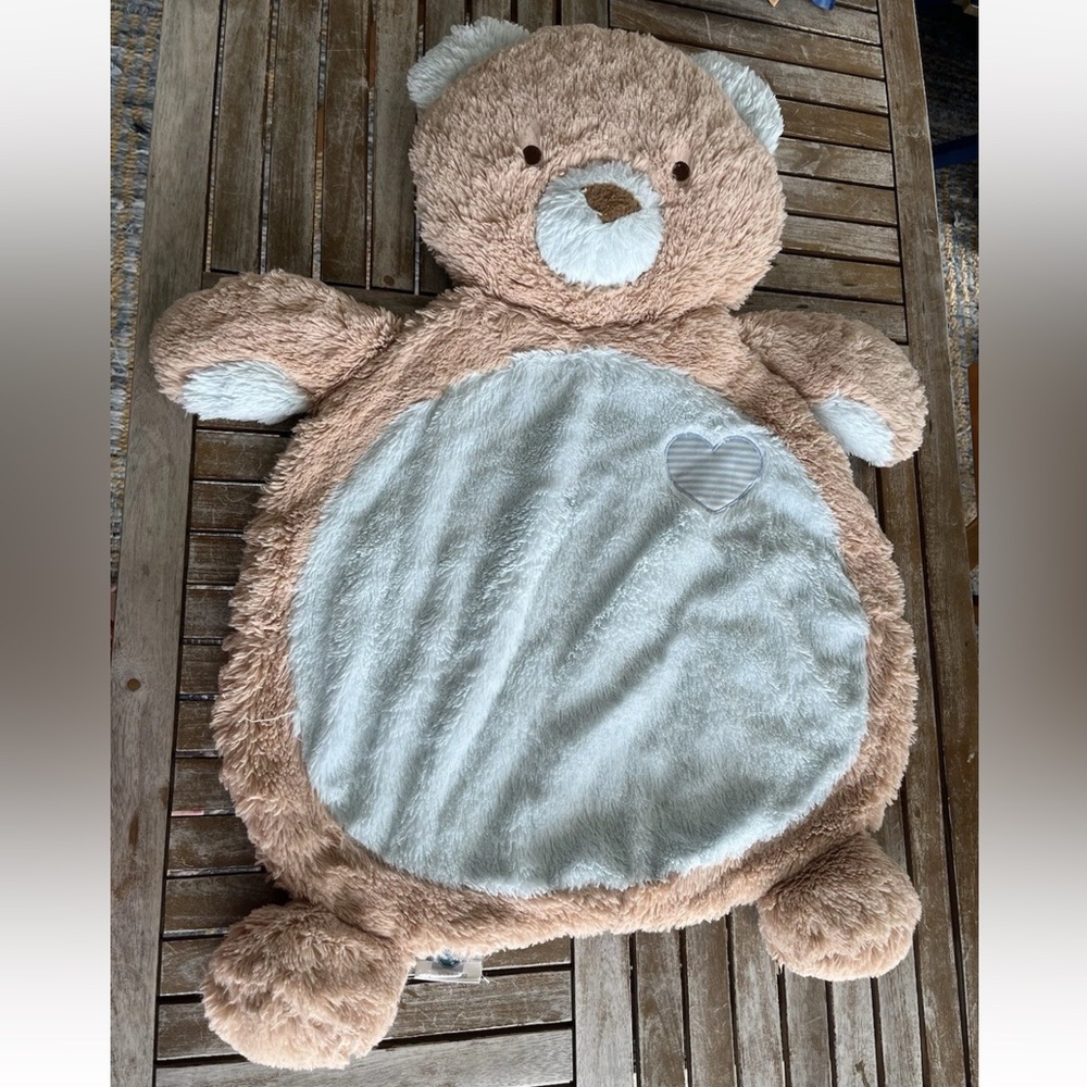Mary Meyer Teddy Bear Heart Baby Mat 32” Play Brown Blue Plush Soft